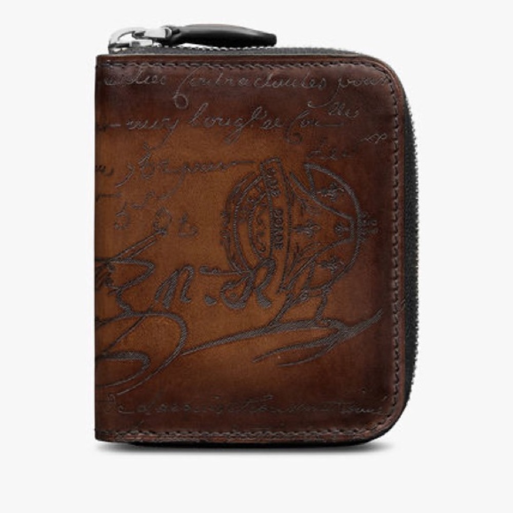 Berluti Brown Leather Logo Coin Case Wallet AUTH